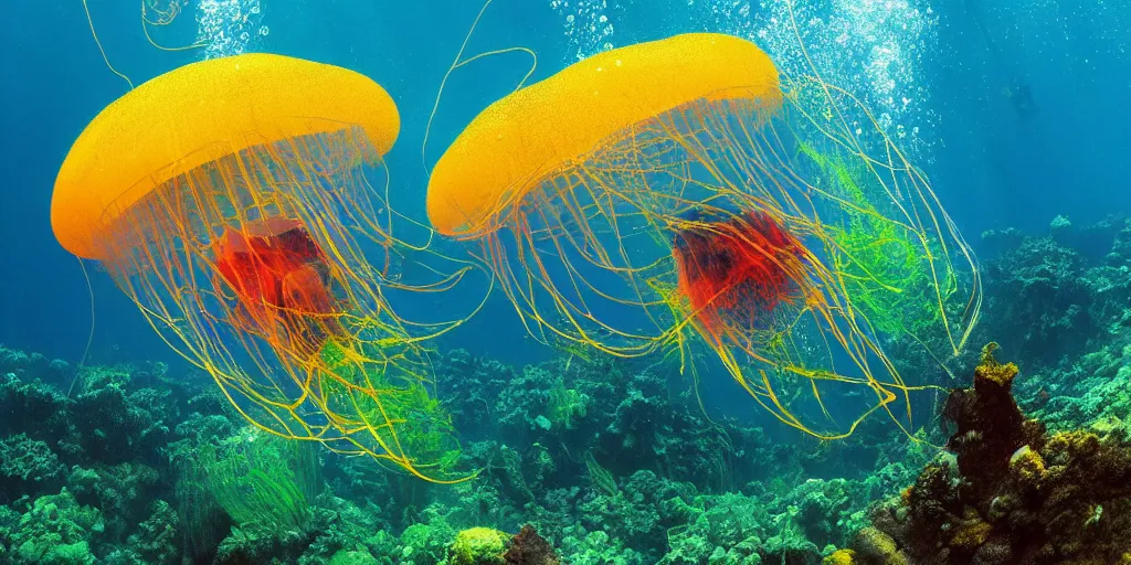 Prompt: full - length professional photo underwater landscape with a big multicolor flying jellyfish, green colors, ultra high detailed, yellow volumetric lightning, photo by, jacques - yves cousteau