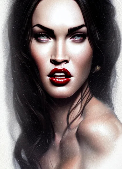 Image similar to portrait of megan fox as a vampire showing his teeth, intricate, elegant, glowing lights, highly detailed, digital painting, artstation, concept art, smooth, sharp focus, illustration, art by wlop, mars ravelo and greg rutkowski