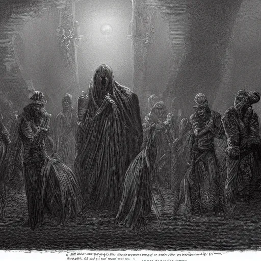 Image similar to 9 steel barrels in a graveyard, 2 zombies, creepy atmosphere, dark, portrait, realistic, illustration by gustave dore