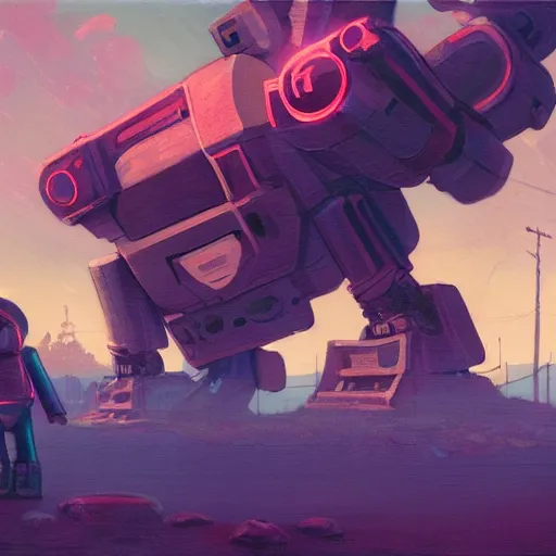 Prompt: Giant broken robot and little boy, illustrated by Simon Stålenhag and Gaston Bussiere, 35mm lens, beautiful macro close-up imagery, rule of third, vibrantly lush neon lighting, beautiful volumetric-lighting-style atmosphere, a futuristic rural atmosphere, intricate, ultra detailed, photorealistic imagery, trending on artstation, 4k, 8k