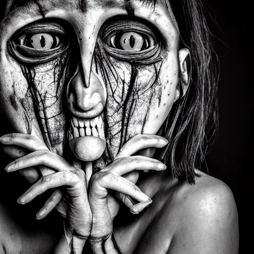 Image similar to artistic photoshoot of a mothan hybrid, grotesque, body horror, mutant shaming, creepy, terrifying, 8 k hdr 8 0 mm wide angle portrait, high contrast black and white, insectoid n