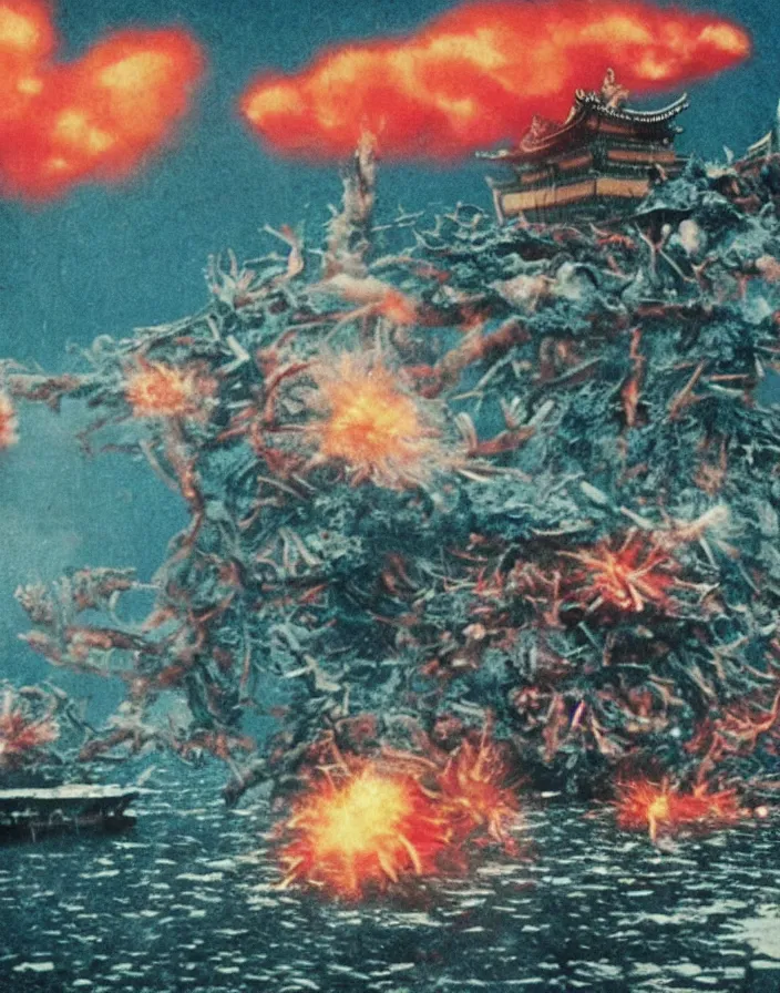 Image similar to a filmstill of a north korean monster movie, kaiju - eiga monster starfish - like trampling a traditional korean palace, kodachrome, film noir, dream - like, etheral, explosions, thriller, by akira kurosawa and wes anderson video compression