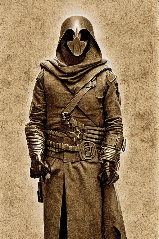 Prompt: cobra commander from g. i. joe, portrait, full body, symmetrical features, silver iodide, 1 8 8 0 photograph, sepia tone, aged paper, sergio leone, master prime lenses, cinematic