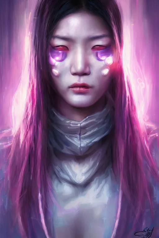 Prompt: stunning highly detailed portrait of a beautiful asian female cyberpunk, crying, soft lighting, pastel neon colors, oil on canvas, strong lighting, by glenn fabry, by greg staples, by mandy jurgens, hd, 4 k