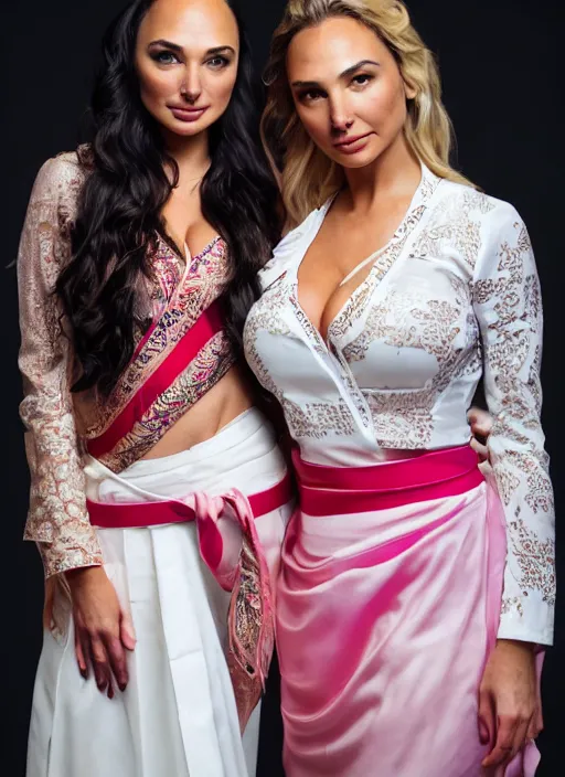 Prompt: portrait of lindsey pelas and gal gadot wearing white kebaya with batik skirt and pink silk belt, by charlotte grimm, natural light, detailed face, beautiful features, symmetrical, canon eos c 3 0 0, ƒ 1. 8, 3 5 mm, 8 k, medium - format print, half body shot