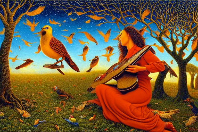 Image similar to oil painting, female playing the harph while birds are listening on the tree surreal, ultra realistic, wide angle, intricate details, artifacts, luminous skies, highly detailed, michael cheval, cinematic lighting