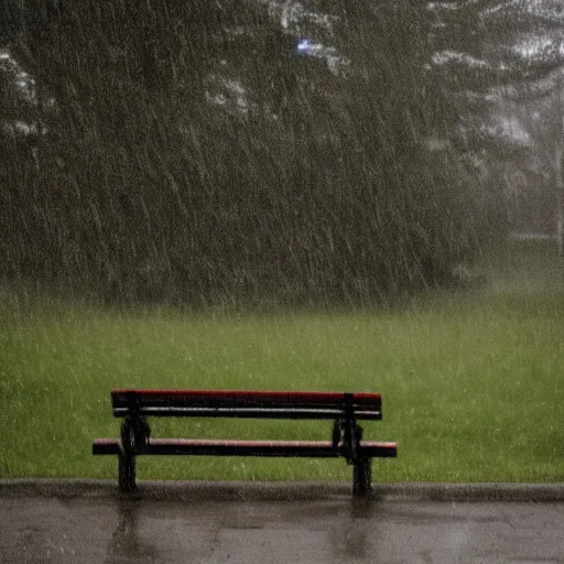 Image similar to a photo of a fluffy monster sitting at a park bench alone in the rain, moody, nostalgic, 8 k uhd