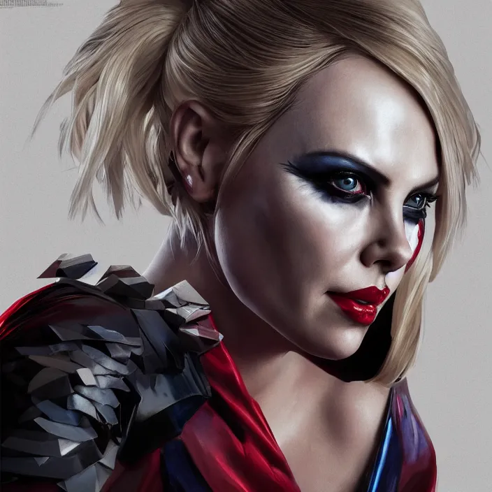 Image similar to portrait of Charlize Theron as a harley quinn. intricate abstract. intricate artwork. by Tooth Wu, wlop, beeple, dan mumford. octane render, trending on artstation, greg rutkowski very coherent symmetrical artwork. cinematic, hyper realism, high detail, octane render, 8k, iridescent accents