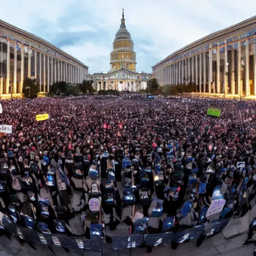 Image similar to 4 k wide angle gigantic army of mark zuckerberg robots during a protest with torch lighting at dusk