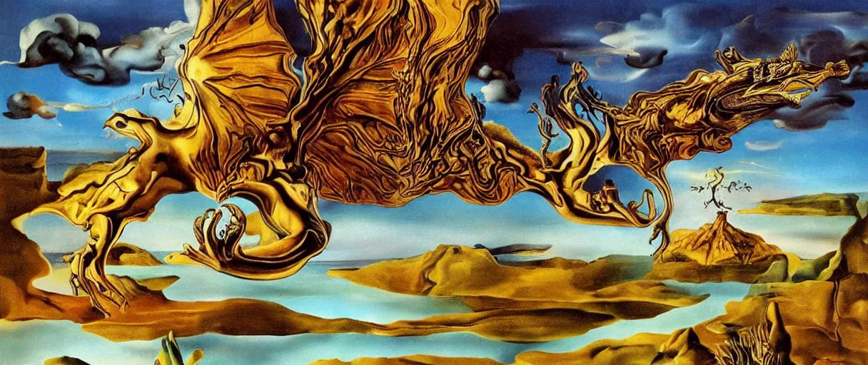 Prompt: a dream, flying bird, dragon, time, trees, flower, lake, fire, cloud, wind, cliff, surreal, by salvador dali