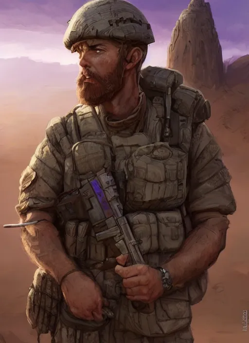 Image similar to purple scene lighting, detailed character portrait concept art, white male, strong muscular mature, soldier with beard, short hair, in a soldier uniform, desert with city in the background, sharp focus, illustration, highly detailed, digital painting, concept art, matte, art by wlop and artgerm and greg rutkowski, masterpiece