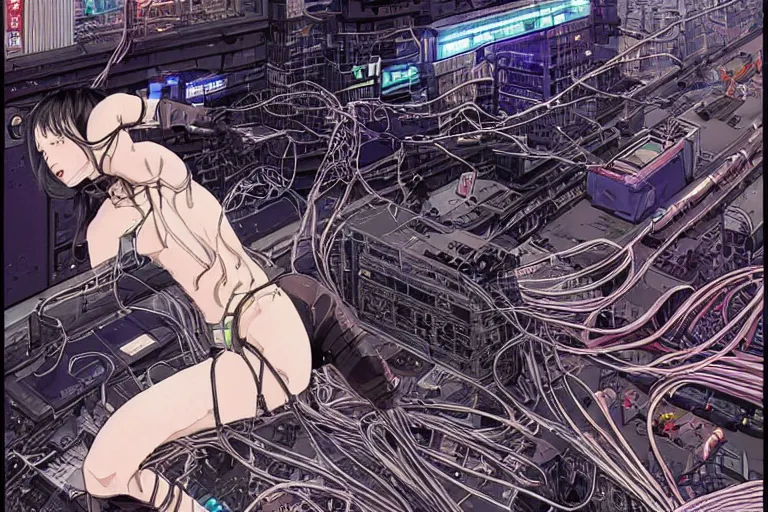 Image similar to an intricate, awe inspiring cyberpunk illustration of a female android body lying open on a labor floor, wires and cables coming out, by masamune shirow and katsuhiro otomo ((colorful)) (((super coherent)))