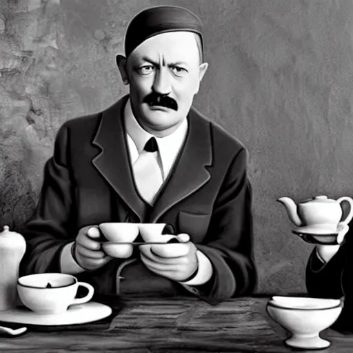 Image similar to a photo of hitler take tea with a muslim, photorealistic, realism, black and white