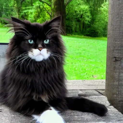Prompt: A photo of a domestic long-haired cat with black fur, a white belly and white paws looking up to the camera sitting on a porch with a beautiful green forest in the background