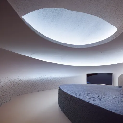 Image similar to curved futuristic room interior with spongy walls. there is a swimming pool on the floor