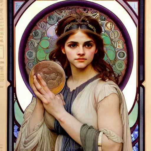 Image similar to detailed portrait art nouveau painting of the goddess of the moon, backlit, who resembles cyborg robot woman Chloe Grace Moretz, and Emma Watson with anxious, piercing eyes, by Alphonse Mucha, Michael Whelan, William Adolphe Bouguereau, John Williams Waterhouse,and Donato Giancola