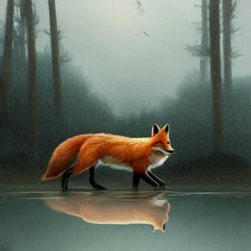 Image similar to a fox swimming in a river the background is a huge lake the fox is scared and swimming for his life the weather is raining and foggy by greg rutkowski