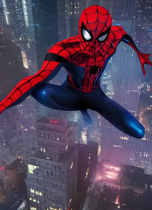 Image similar to a single miles - morales and spider - man hybrid, dslr, cinematic, volumetric lighting, 8 k resolution, photorealistic