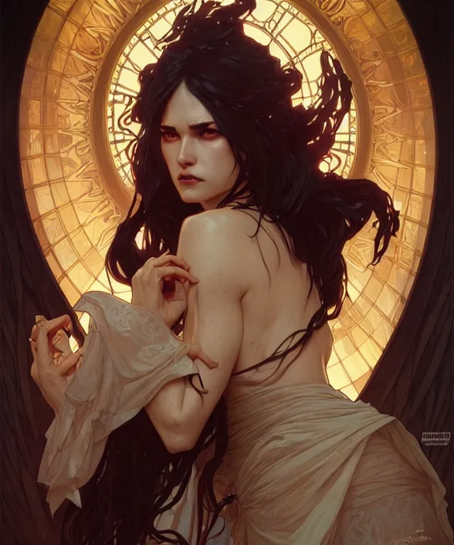 Image similar to a powerful angry demon witch, portrait, intricate, elegant, highly detailed, smooth, sharp focus, art by artgerm and greg rutkowski and alphonse mucha