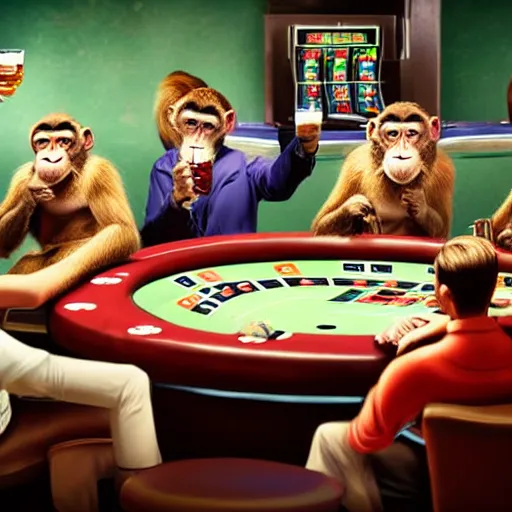 Image similar to a group of monkey's drinking beer at a casino playing poker, Hyper Realism, realistic, cinematic lighting, ambient lights,