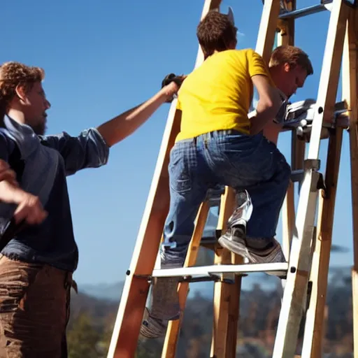 Prompt: three people trying to climb a ladder at the same time