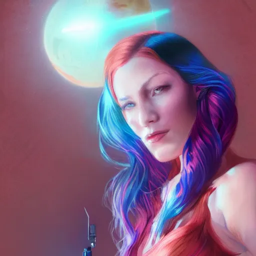 Image similar to portrait of a beautiful tattooed redhead woman sitting, carrying a laser gun, a planet in the background. blue tight dress, light iridescent hair color, long windy hair style, fantasy, realistic, intricate, sharp focus, lens flare, bloom, rim light, illustration, highly detailed, digital painting, concept art, matte, art by ruan jia