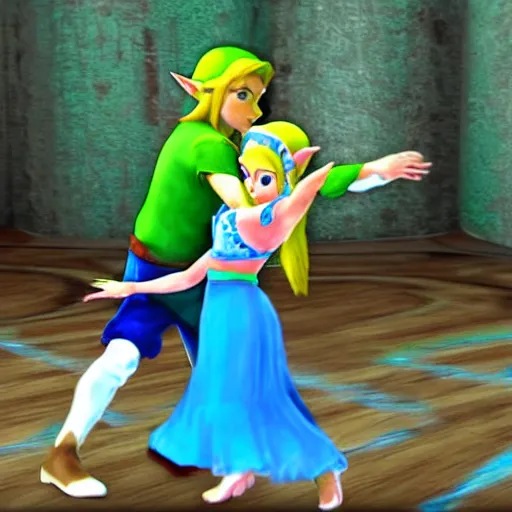 Image similar to real photo, zelda dancing salsa with link, hyper realistic