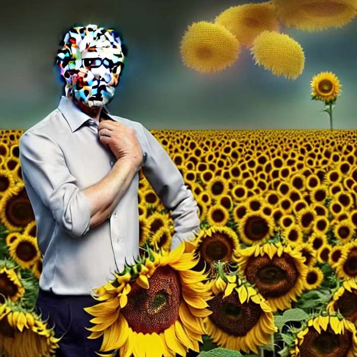 Image similar to photo portrait of Putin - sunflowers - dressed in leisure shirt with ornamental ethereal sunflower pattern, natural skin tone, raging war and explosions in the background, face is highly detailed, elegant, Realistic, Refined, Highly Detailed, natural soft pastel lighting colors scheme, fine art photography by Cecil Beaton, volumetric lighting, hyper realistic photography