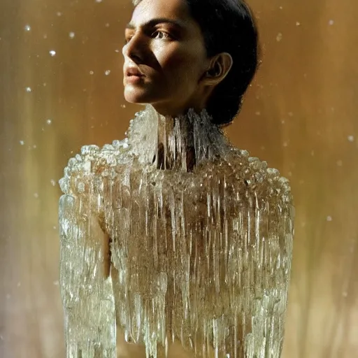 Prompt: a brown woman wearing an intricate armor made of many layers of ice. no makeup!! stalactite hair. water dripping. freckles!! haunting eyes. elaborate. ice caves. glaciers. refracted light. delicate. translucent. by ray cesar. by louise dahl - wolfe. by andrea kowch.