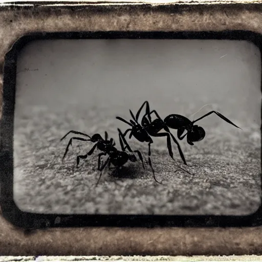 Image similar to tintype photo, underwater, two ants fighting