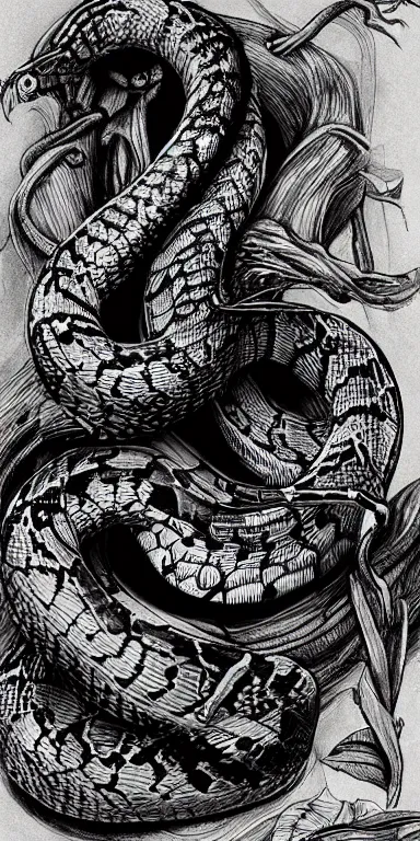 Image similar to surreal snake skeleton ink illustration highly detailed beautiful concept art bw