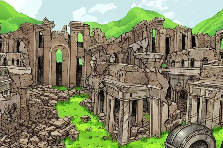 Image similar to an adventure diary sketch discovering the ruins of a giant city that once existed on earth