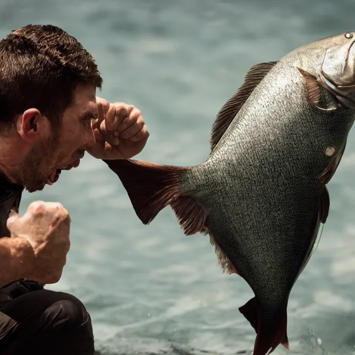 Prompt: a fish punching a man in the face, realistic, movie still, 8 k,