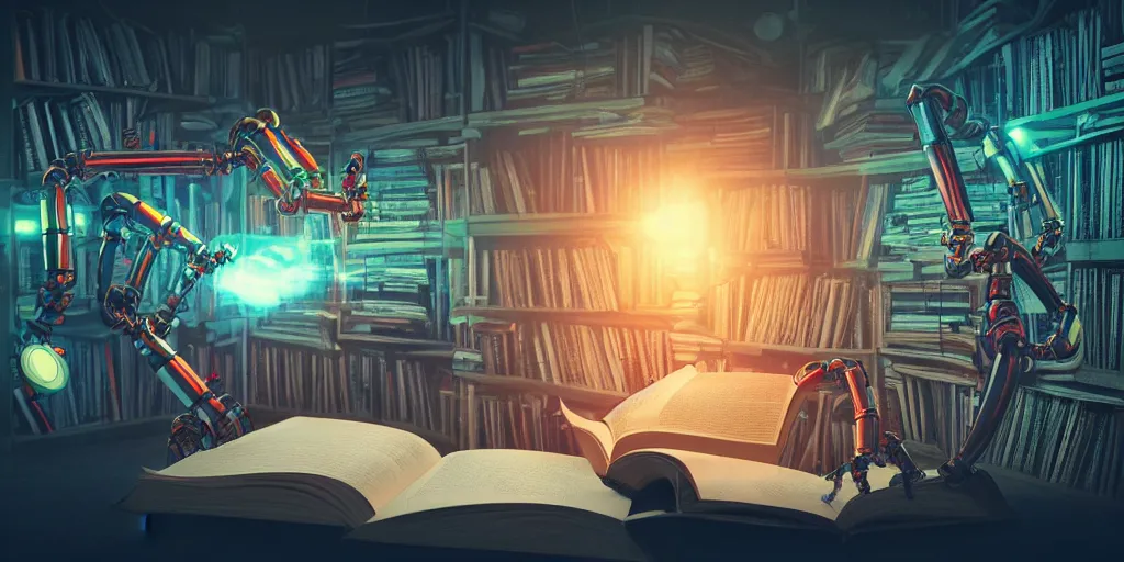 Prompt: A frightening multi armed evil robot devouring books with pipes and tubes and pages floating down, hyperealistic very colourful hdr cinematic lighting cgi render photorealistic cinematic octane render