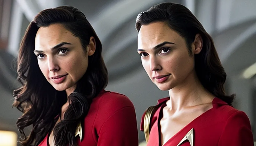 Image similar to Gal Gadot, wearing command red, is the captain of the starship Enterprise in the new Star Trek movie