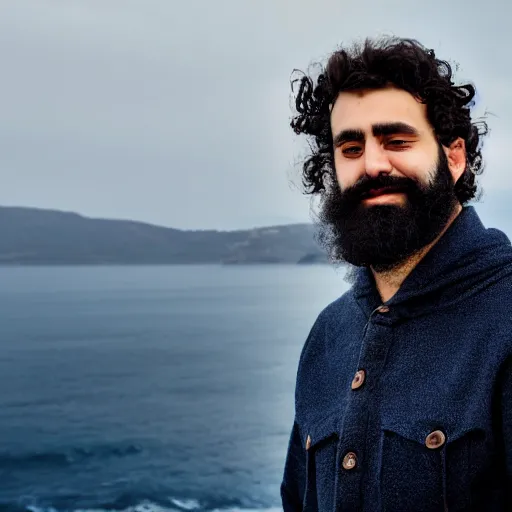 Image similar to real life photo of a Greek man, dark curly hair, full beard, blue watery eyes, full round face, short smile, serene coastal setting, cinematic lightning, medium shot, mid-shot, highly detailed, photorealistic, 80mm, 85mm, cinematic wallpaper