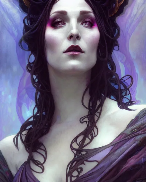 Prompt: wlop, bastien lecouffe deharme, alfons mucha, detailed portrait digital painting of a beautiful serious villainess wearing fantasy clothing like liliana vess, villainess has black angel wings, evil mood, hellish battlefield in the background, embers flying, unreal engine, hyper realism, realistic shading, cinematic composition, blender render, ultrawide shot