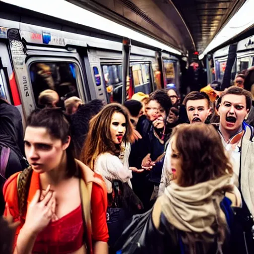 Prompt: Master shot of a group of friends talking while standing inside a crowded compartment of the New York metro full of people in Halloween costumes, scary costumes, cinematic, 4k, thriller