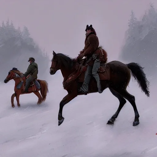 Prompt: Two northerners on horseback seen from afar riding in the snow, snowy landscape, snow storm, fantasy, highly detailed, digital painting, artstation, concept art, illustration, art by Greg Rutkowski and Marc Simonetti