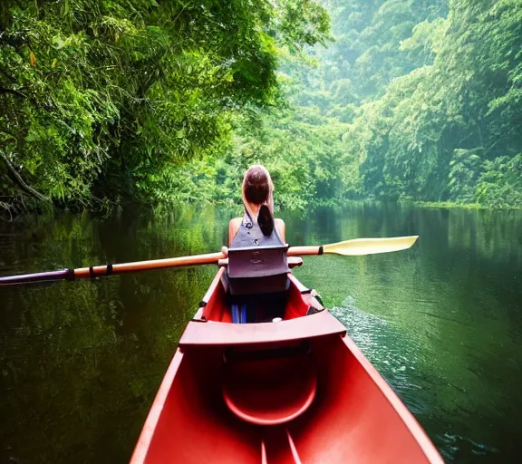 Prompt: a girl rowing a small rowboat, girl is focus, medium shot. Narrow river, close river bank, shady, forest, jungle, vines, trees, ripples, reflections. By Makoto Shinkai, Stanley Artgerm Lau, WLOP, Rossdraws, James Jean, Andrei Riabovitchev, Marc Simonetti, krenz cushart, Sakimichan, D&D trending on ArtStation, digital art.