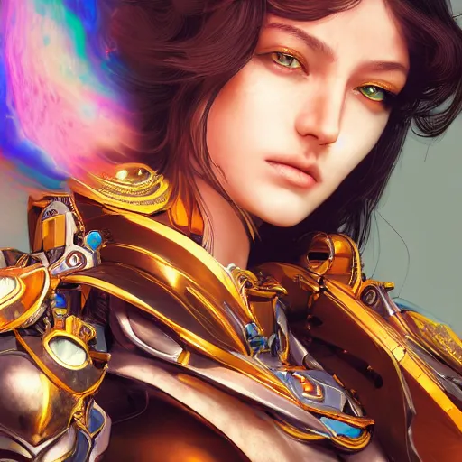 Image similar to studio portrait of lawful good colorful female holy mecha paladin absurdly beautiful, elegant, young sensual graceful woman, ultrafine hyperrealistic detailed face illustration by kim jung gi, irakli nadar, intricate linework, sharp focus, bright colors, matte, octopath traveler, final fantasy, unreal engine highly rendered, global illumination, radiant light, intricate environment