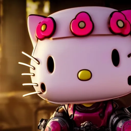 Image similar to hello kitty in gears of war, splash art, movie still, detailed face, cinematic lighting, colour, dramatic, octane render, long lens, shallow depth of field, bokeh, anamorphic lens flare, 8 k, hyper detailed, 3 5 mm film grain