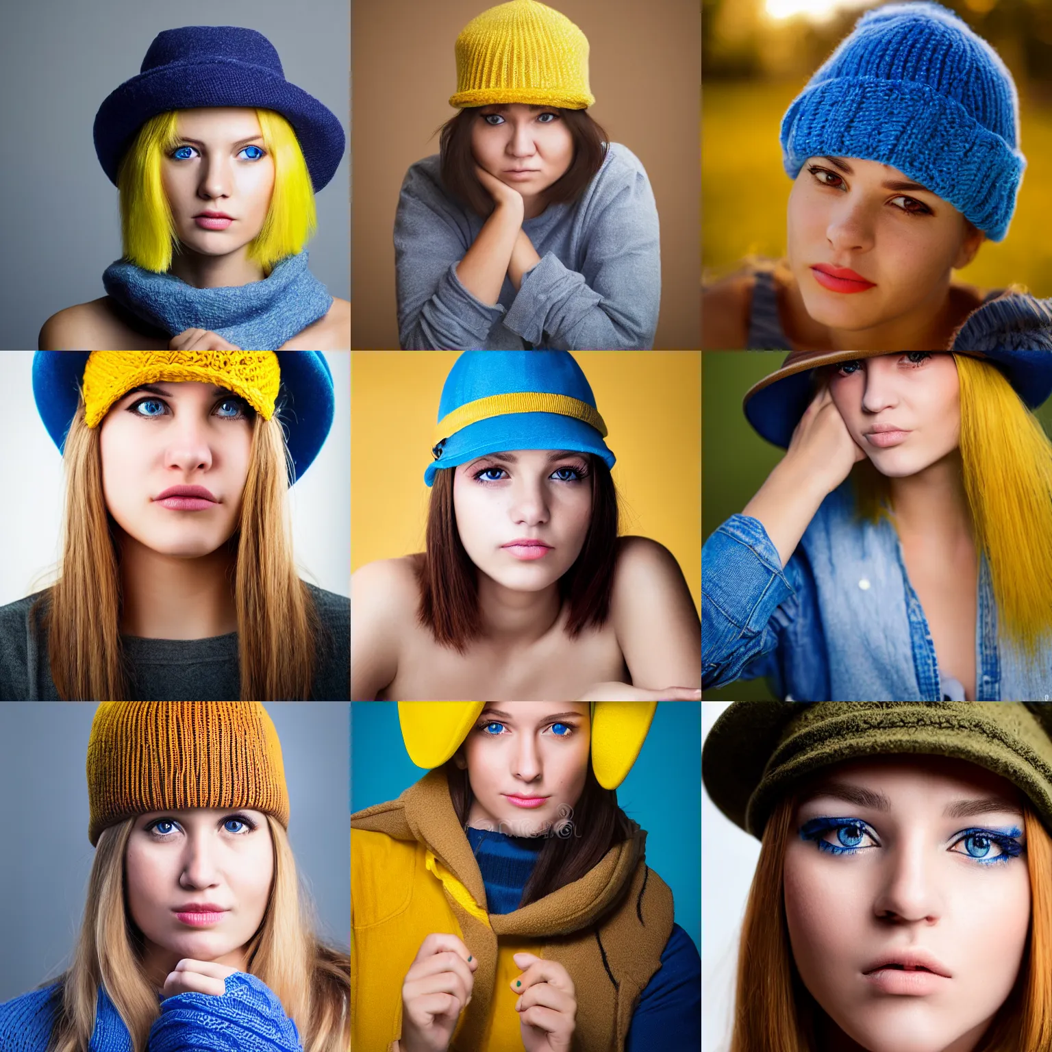 Prompt: young woman face - short yellow hair - brown eyes - blue hat, poker face, 1 3 5 mm nikon portrait