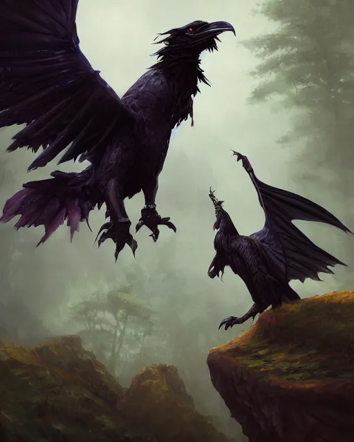 Image similar to oil painting of a Anthropomorphized raven shaman fusing with dragon, sharp focus, heroic pose, fantasy style, octane render, volumetric lighting, 8k high definition, by greg rutkowski, highly detailed, trending on art Station, magic the gathering artwork, Woodland background, centered