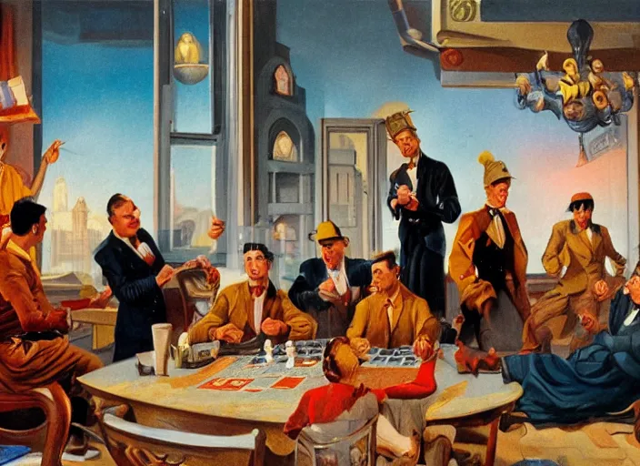 Prompt: a group of people playing a board game with the devil, an ultrafine detailed painting by john philip falter, shutterstock, american scene painting, movie still, american propaganda, storybook illustration