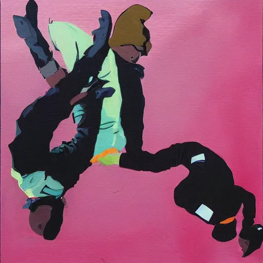 Image similar to painting of breakdancers in baggy 90s clothing in the style of michael carson