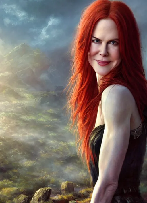 Image similar to nicole kidman with red hair, long haircut, beautiful highly detailed face, complementary lighting, backlit, black eyeshadow, grinning, adventure, dramatic lighting, landscape background, beautiful painting by artgerm and greg rutkowski and raymond swanland