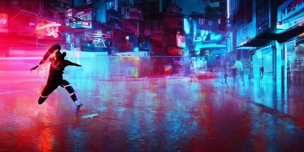 Prompt: cinematic camera wide angle of slow motion film still of futuristic break dancer wearing neon lights, long exposure shot , at night in the middle of a rainy street, paddle of water, water splashes, rim lights, glossy reflections, water droplets on lens, octane render, detailed and soft, by jimbo phillips santa cruz