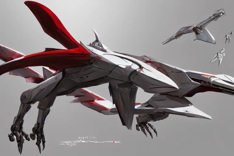 Prompt: a pteranodon mecha interceptor, white john berkey armor panels, wine-red and grey trim, skull insignia, robotech styling with Kanji markings, boeing concept art painting, cinematic lighting, amazing lifelike cinematic photo render