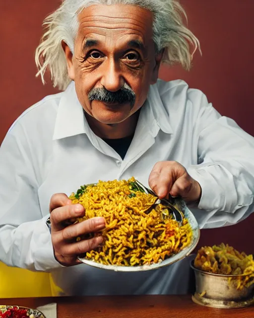 Prompt: A photo of Albert Einstein eating biriyani, highly detailed, trending on artstation, bokeh, 90mm, f/1.4